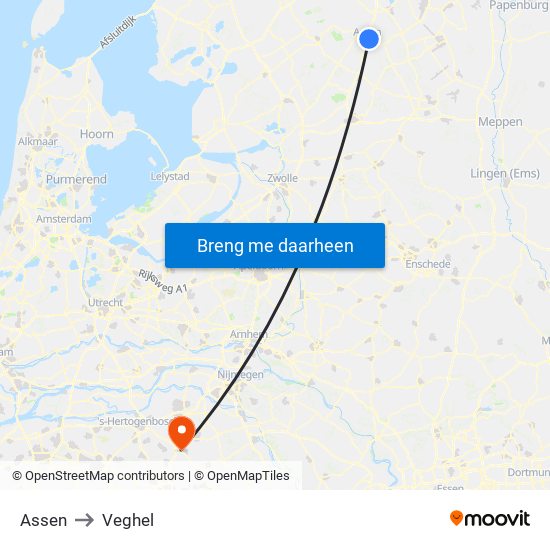 Assen to Veghel map