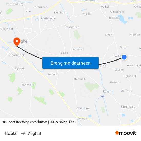 Boekel to Veghel map