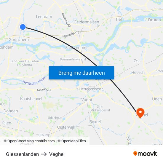 Giessenlanden to Veghel map