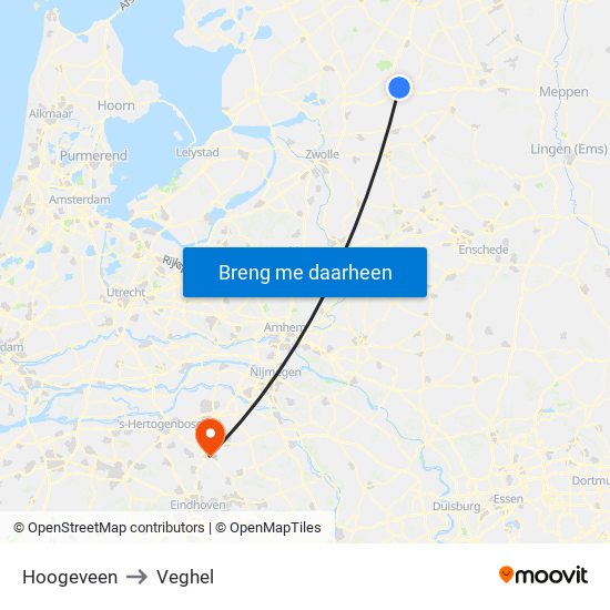 Hoogeveen to Veghel map