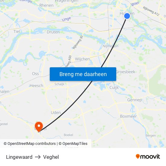 Lingewaard to Veghel map