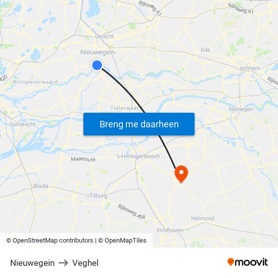 Nieuwegein to Veghel map