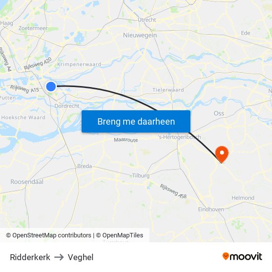 Ridderkerk to Veghel map