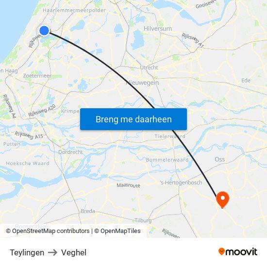 Teylingen to Veghel map