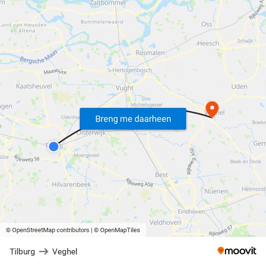 Tilburg to Veghel map