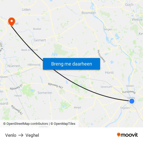 Venlo to Veghel map