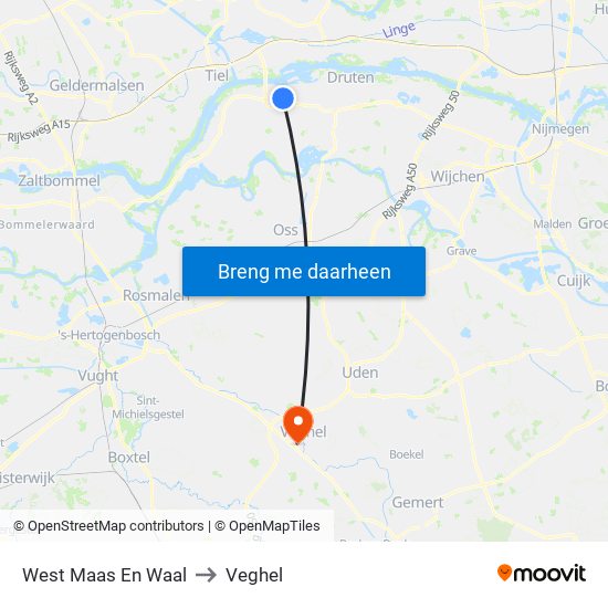 West Maas En Waal to Veghel map