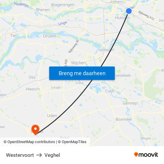 Westervoort to Veghel map