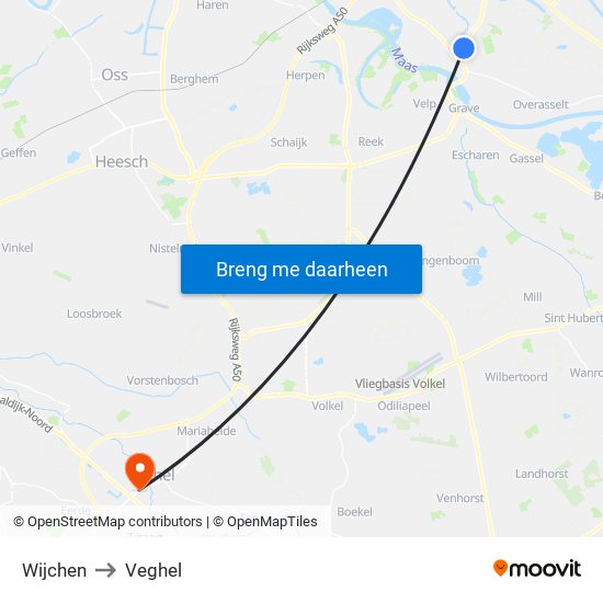 Wijchen to Veghel map