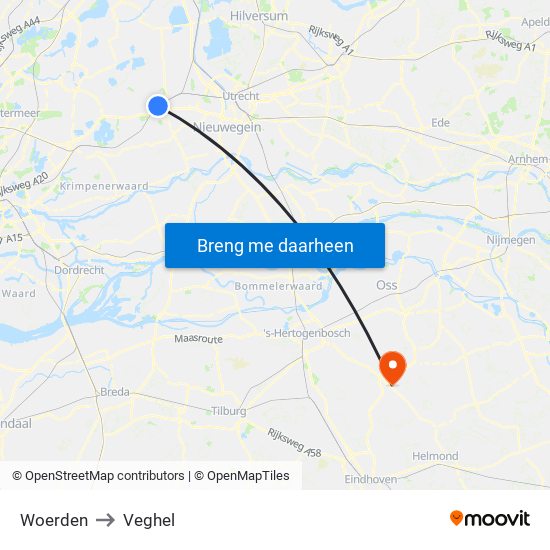 Woerden to Veghel map