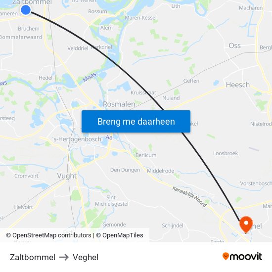 Zaltbommel to Veghel map