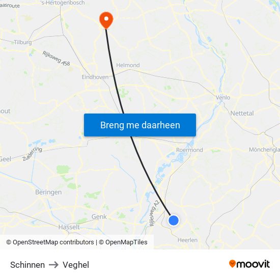 Schinnen to Veghel map