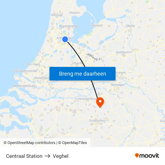 Centraal Station to Veghel map