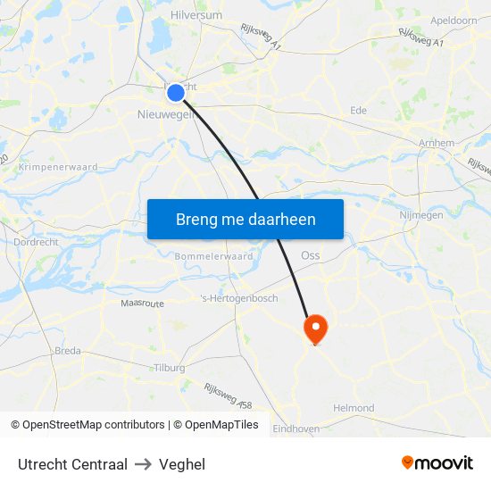 Utrecht Centraal to Veghel map