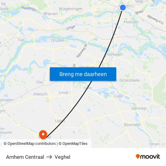 Arnhem Centraal to Veghel map