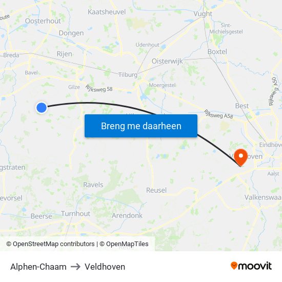 Alphen-Chaam to Veldhoven map