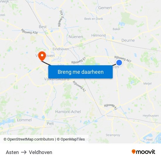 Asten to Veldhoven map