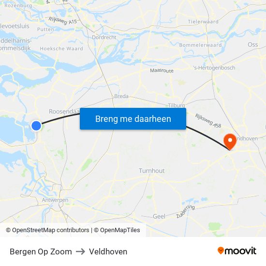 Bergen Op Zoom to Veldhoven map