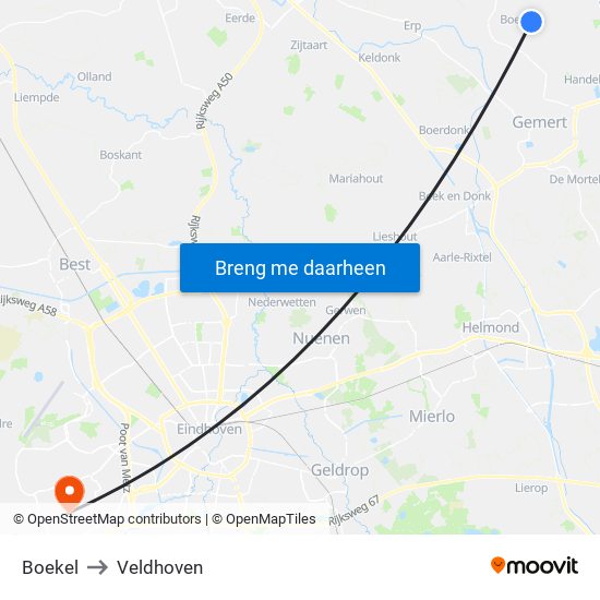 Boekel to Veldhoven map