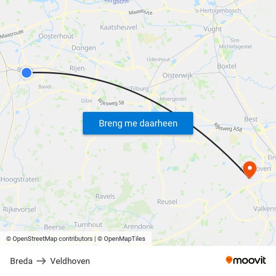 Breda to Veldhoven map