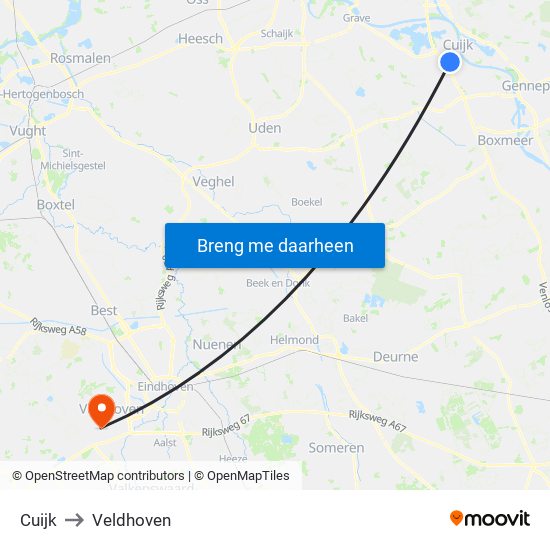 Cuijk to Veldhoven map