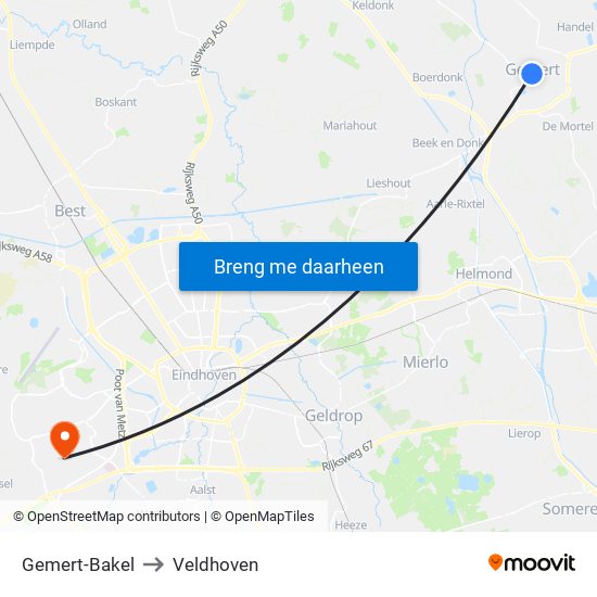 Gemert-Bakel to Veldhoven map