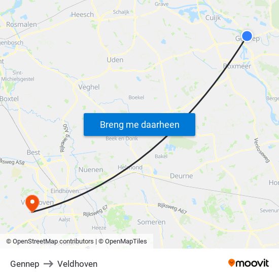 Gennep to Veldhoven map