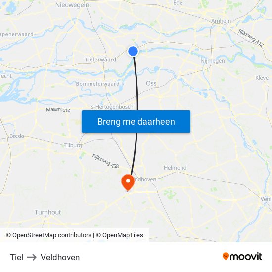 Tiel to Veldhoven map