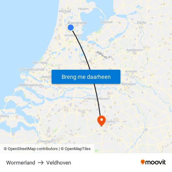 Wormerland to Veldhoven map