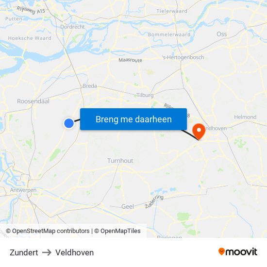 Zundert to Veldhoven map