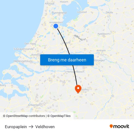 Europaplein to Veldhoven map