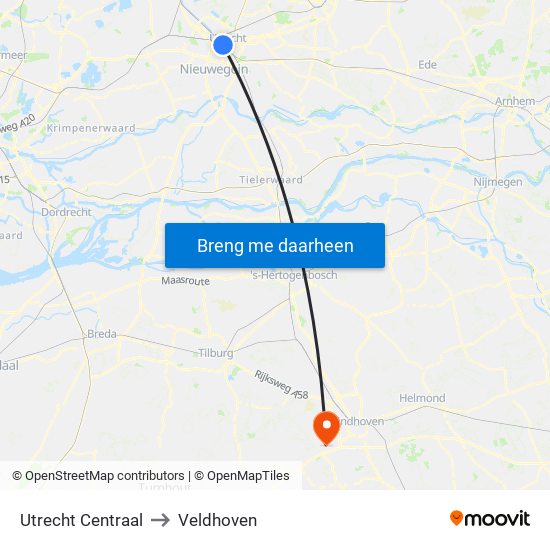 Utrecht Centraal to Veldhoven map