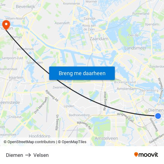 Diemen to Velsen map