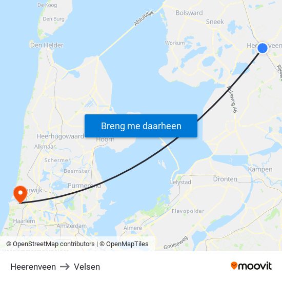 Heerenveen to Velsen map