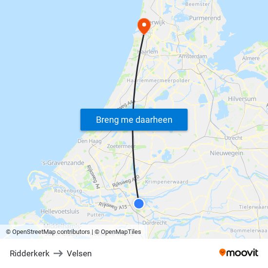 Ridderkerk to Velsen map