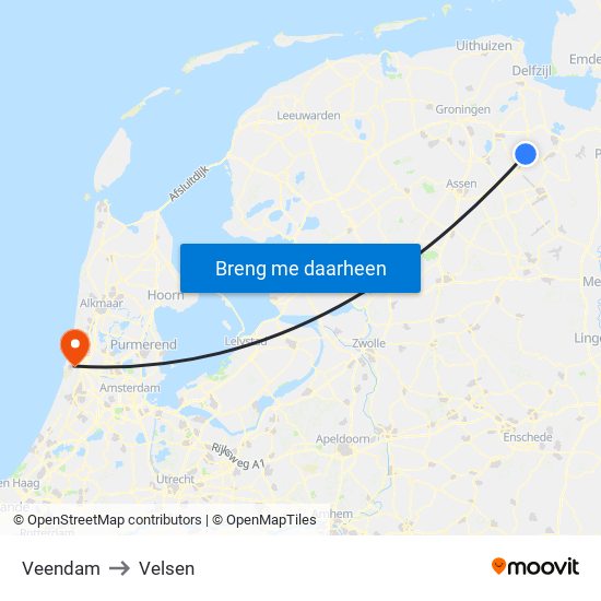 Veendam to Velsen map