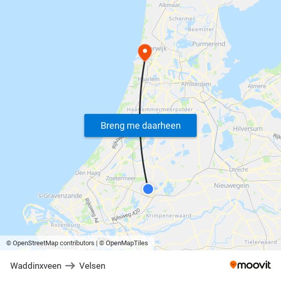 Waddinxveen to Velsen map