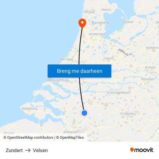 Zundert to Velsen map