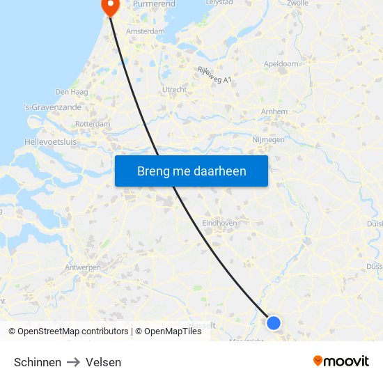 Schinnen to Velsen map