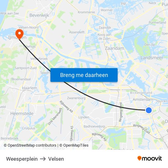 Weesperplein to Velsen map
