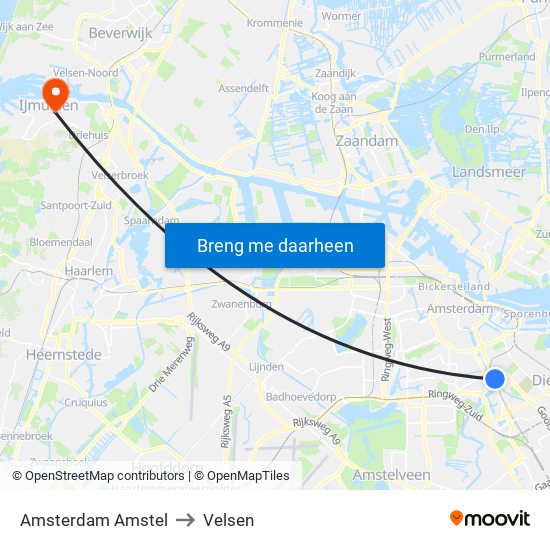 Amsterdam Amstel to Velsen map
