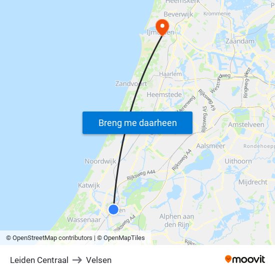 Leiden Centraal to Velsen map