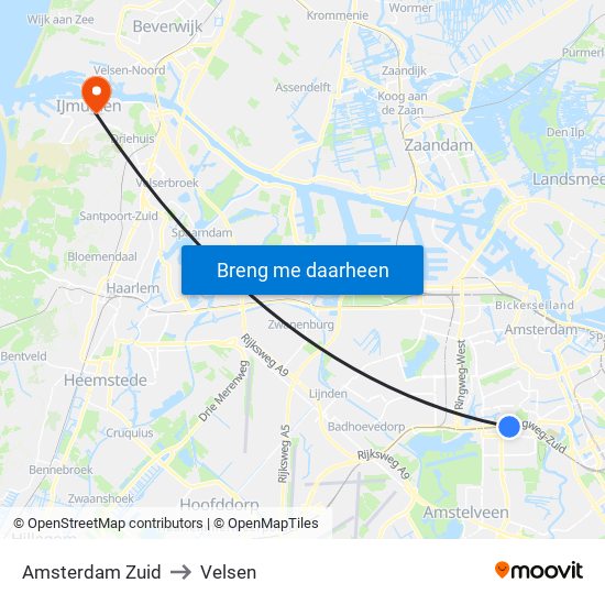 Amsterdam Zuid to Velsen map