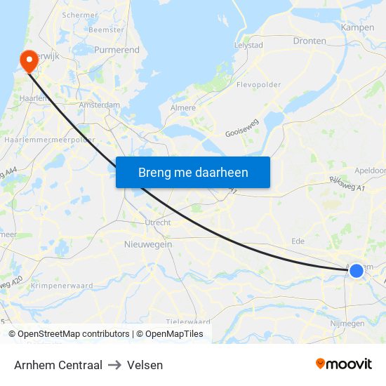 Arnhem Centraal to Velsen map