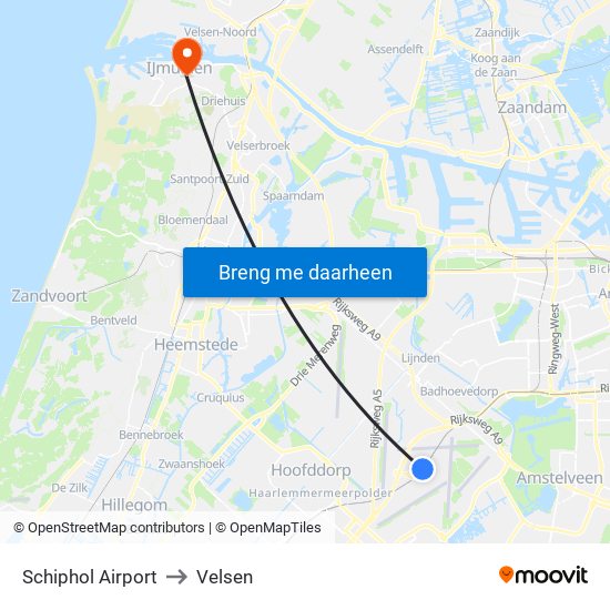 Schiphol Airport to Velsen map