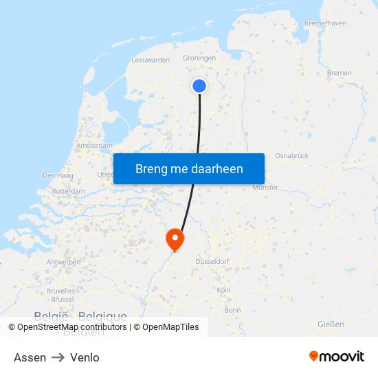 Assen to Venlo map