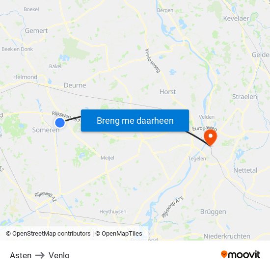 Asten to Venlo map