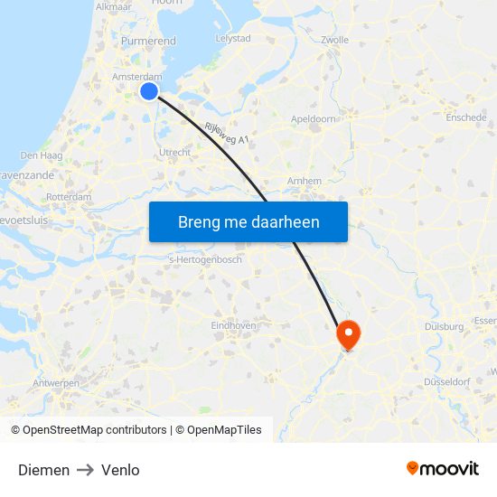 Diemen to Venlo map