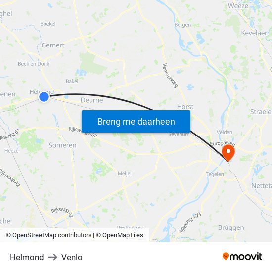 Helmond to Venlo map