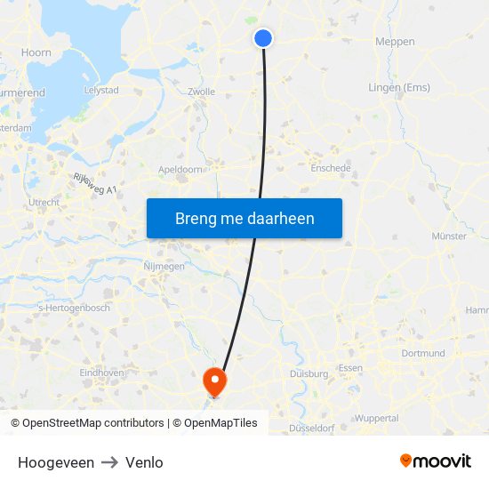 Hoogeveen to Venlo map